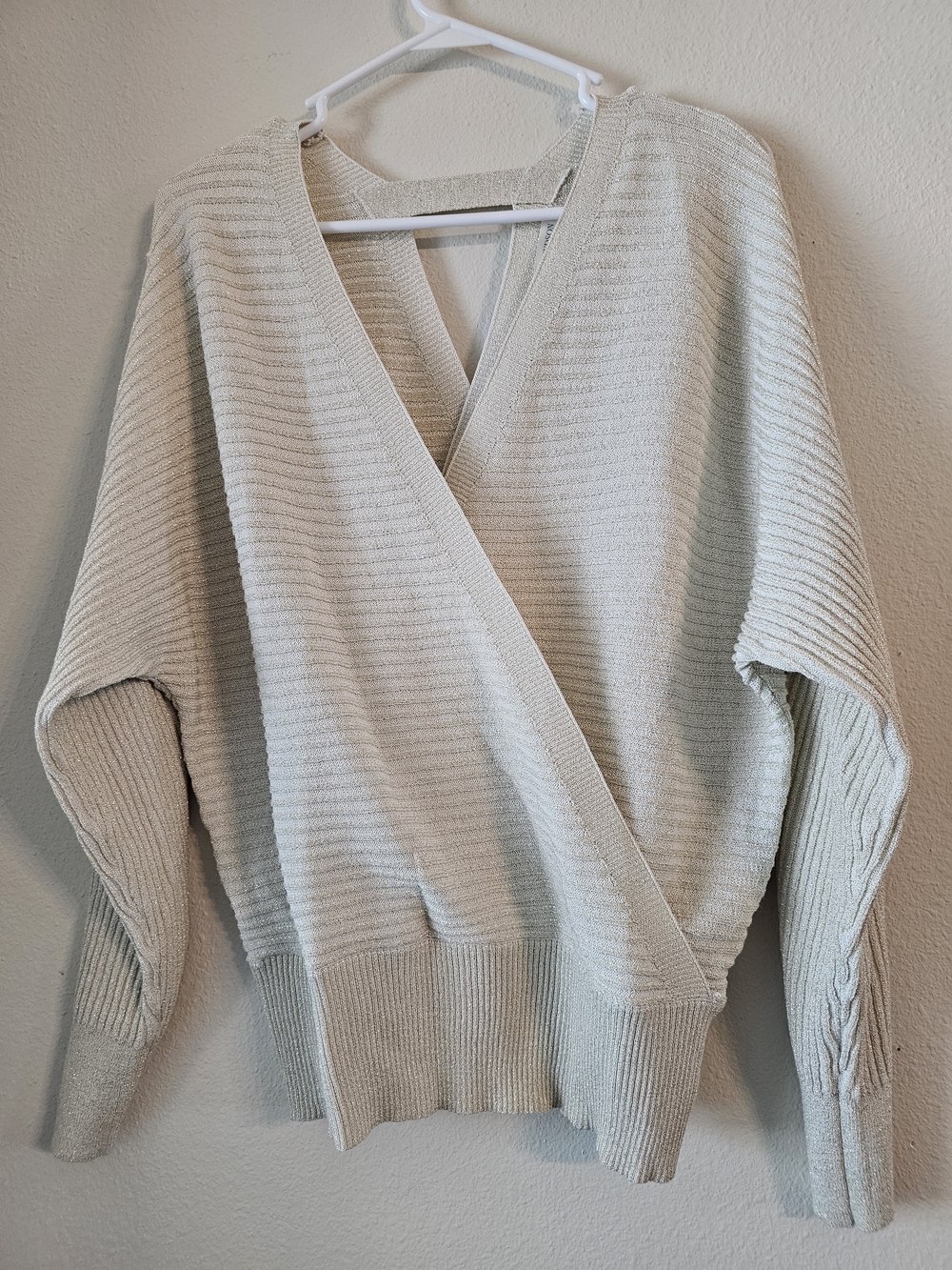 Women's V-Neck Ribbed Wrap Sweater in Light Cream - Gold Sparkle